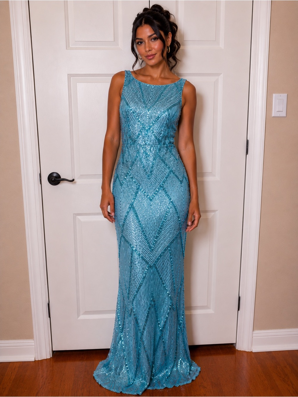 Turquoise Sequin Evening Gown - Elegant Long Women's Dress
